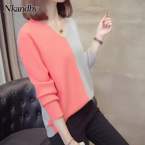 Plus Size Knitted Sweaters Women 2020 New Autumn Winter Minimalist Loose V-neck Patchwork Pullovers Knitwear Oversize Femme Tops