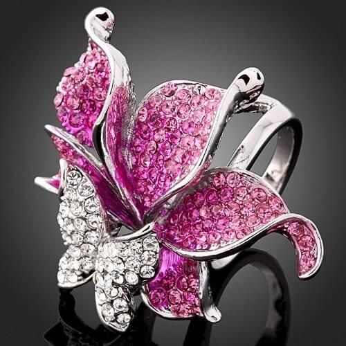 CHRAN Pink Crystal Flower Ladies Party Jewelry Accessories Fashion Silver Plated Animal Butterfly Finger Rings for Women