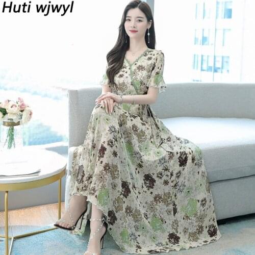 Vintage Print Chiffon Casual Beach Sundress 2021 Spring Summer New Plus Size Elegant Midi Dress Women Bodycon Party Maxi Vestido
