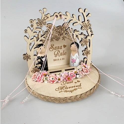 1pcs unique engagement rings holder bride groom wooden rustic flower ring pillow wedding ring box