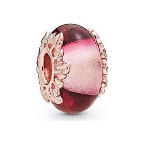 2019 New Original 925 Sterling Silver Rose Pink Murano Glass & Leaves Charm Fit Pandora Bracelet Bangle DIY Women Jewelry