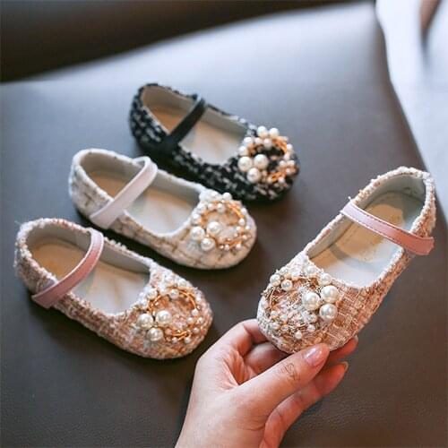 2021 Spring Girls Shoes Costume Tweed Fashion Mar Janes shoes Pearl Princess Shoe Plaid Kids Flats Children Casual Shoe 1-7y