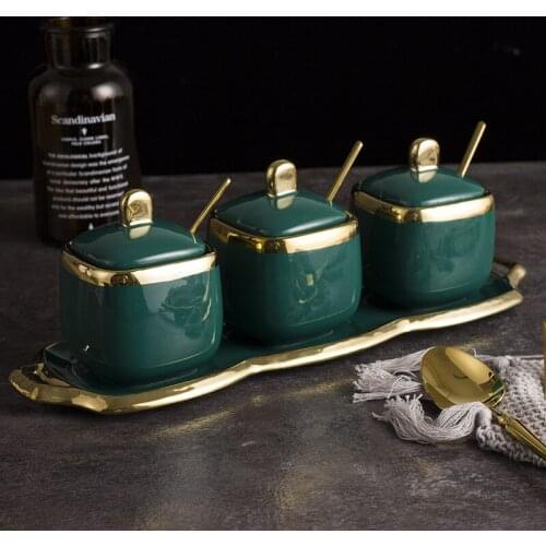 3pcs Ceramic Seasoning Box,with Cover and Base,Nordic Spice Jar,Golden Trim Emerald Sugar and Salt Pepper Jar