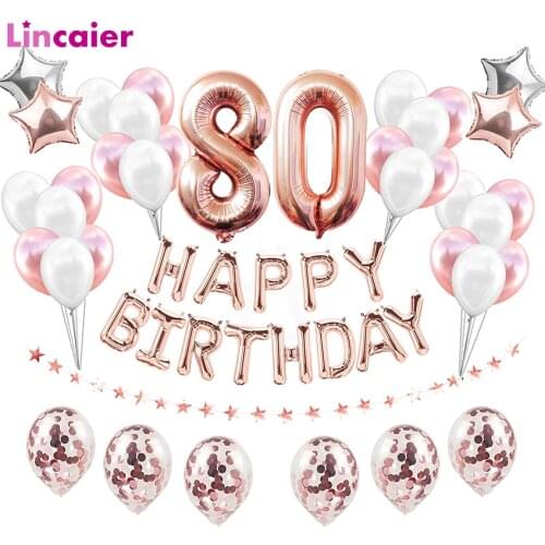 38pcs Number 80 Rose Gold Balloons 80th Happy Birthday Party Decorations Adult 80 Years Old Man Woman Supplies Anniversary