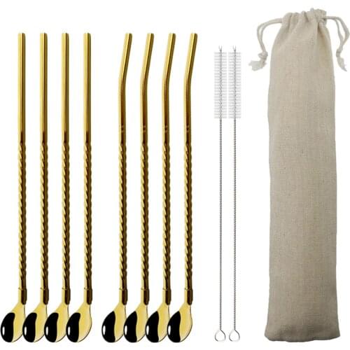 8Pcs Eco-Friendly Stainless Steel Circular Shape Stainless Steel Metal Drinking Straw Spoon Reusable Straws Cocktail Spoons Set