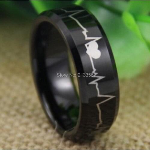 Free Shipping USA UK CANADA RUSSIA Brazil Hot Selling 8MM Forever Love Heart Beat Black Beveled Mens New Tungsten Wedding Ring