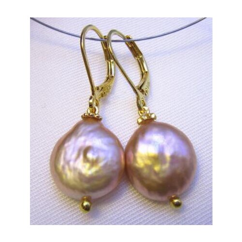 >>>>noble jewelry natura AAA Baroque 12X13 mm Pink Purple South Sea Pearl Earrings 14K YELLOW GOLD