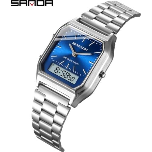 Sanda Men Watches Blue Retro Stainless Steel Band Digital Display erkek kol saati zegarek damski relogios Wristwatches