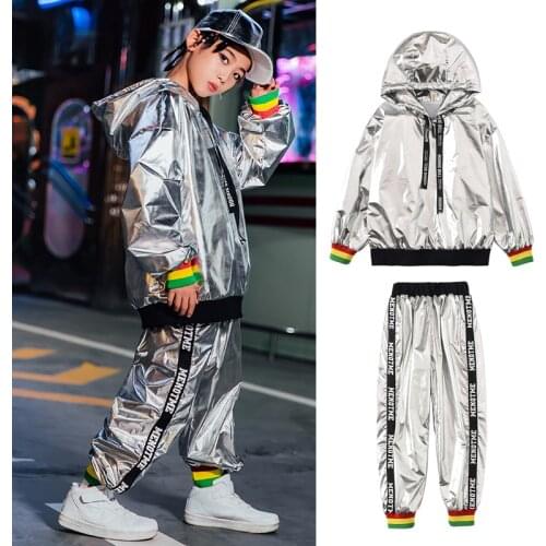 New Children Hip-Hop Dance Costumes Kids Boys Bright Leather Sweater Pants Suit Jazz Street Dancewear Cheerleading Costume