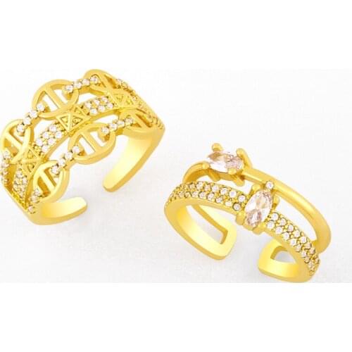 EYIKA Fashion Curb Link Chain Opening Adjustable Rings Copper Zircon Multi-layer Nail Ring Women Generous Wedding Party Jewelry
