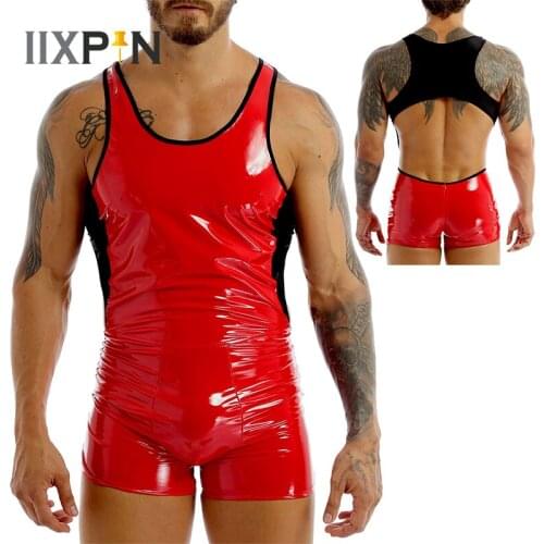 Mens Jumpsuit Wet Look Patent Leather Bodysuit Lingerie Men Sleeveless Backless Skin-Tight Leotard Short Bodysuit Sexy Clubwear