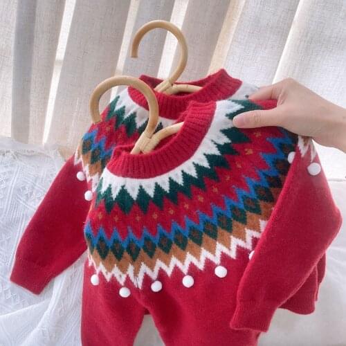 Red Teenage Kids Sweaters Spring Winter Baby Boys Girls Warm Tops Plus Velvet Thicken Knitted Bottoming High Quality Christmas