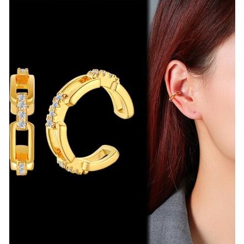 Cubic Zirconia Round Huggie Ear Cuff Earrings for Women Brass Paperclip Chain Link Earrings Gold Color Clip on Cartilage