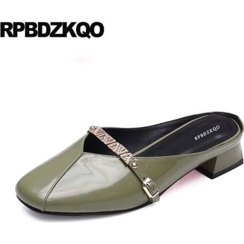 Square toe patent leather crystal shoes women 2019 thick belts green diamond rhinestone block high heels ladies brand pumps low