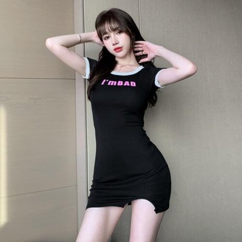Summer Womens Dress 2021 Character Print Knitted Mini Dresses Female Short Sleeve Y2K Preppy Style Sexy Skinny Bodycon Robe