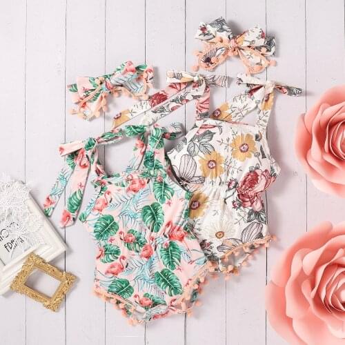 2Pcs Newborn Baby Girl Summer Outfits Sleeveless Tie Up Flower/Flamingo Print Jumpsuits with Pompoms + Headband Infant Clothes