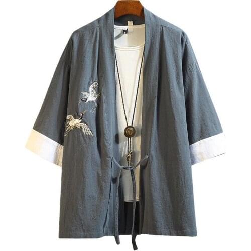 M-5XL Japanese Streetwear Kimono Shirt Men Chinese Dragon Embroiderd 3/4 Sleeve Men Shirts Cotton Clothing 2021 New