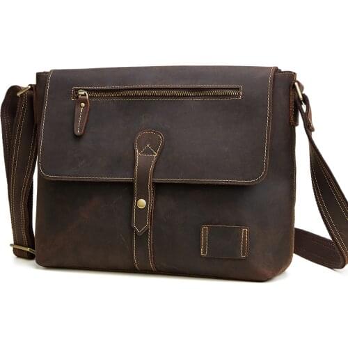 Mens Genuine Leather Crossbody Bags Vintage Large Capacity Crazy Horse Leather Briefcases Laptop Shoulder Messenger Bag