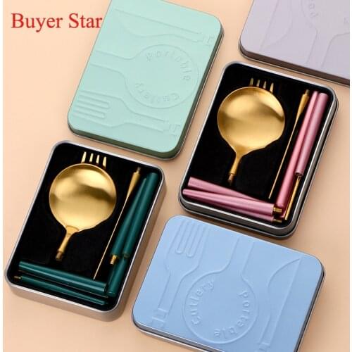 5pcs/set Portable gold Flatware Set Assembled stainless steel Knife Fork Dinner Spoon Chopstick Metal Outdoor picnic Cutlery Set