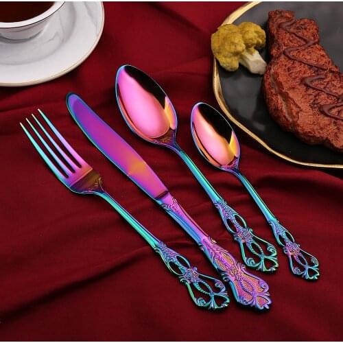 36pcs Color Cutlery Set Stainless Steel luxury Dinnerware Knives Ice Tea Spoon Forks Tableware Kitchen Dinner Silverware Gift