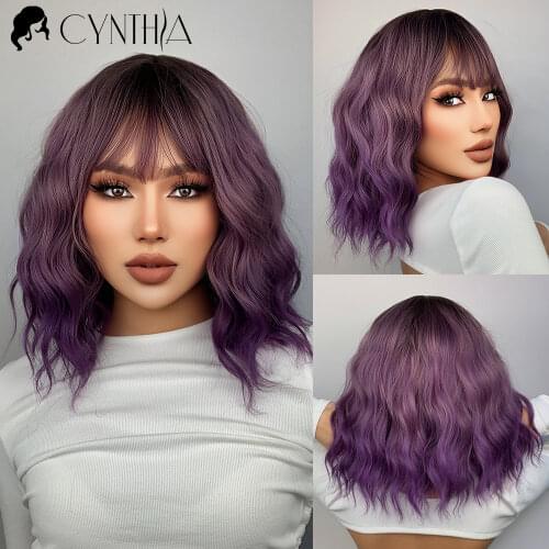 Purple Ombre Medium Wave Daily Synthetic Wigs For Black White Women Cosplay Natural Fiber Fake Hair Heat Resistant Wavy Wig