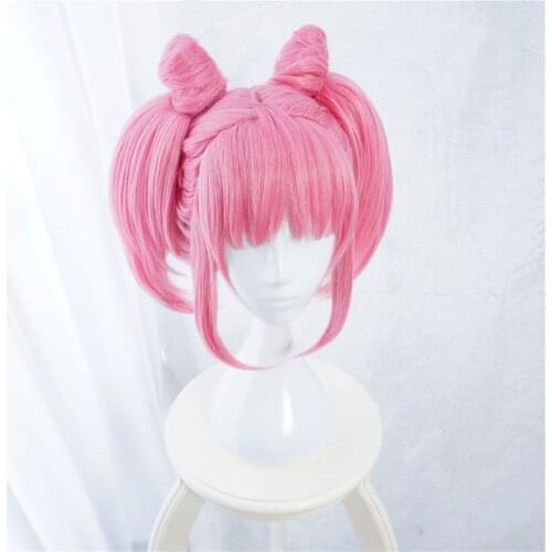 New Sailor Moon Chibiusa Cosplay Wigs High-temperature Fiber Synthetic Hair Pink Short Hair with Two Ponytails + free wig cap