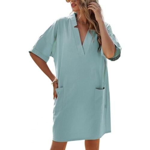New Stylish Harajuku Summer Dress Solid Color V Neck Women Casual Short Sleeve Pockets Pullover Straight Sundress Streetwear