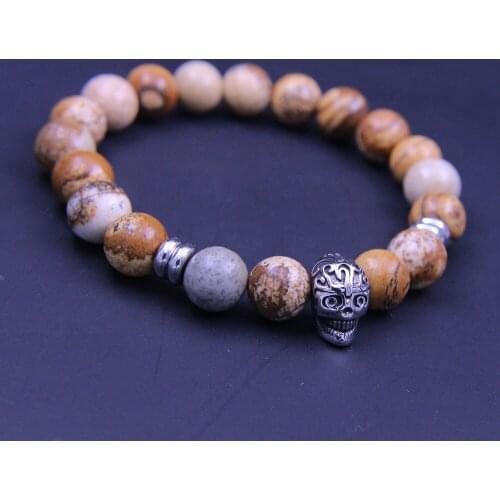 Wonlee Winle 8.5mm Nature Picture Stone Beaded Stretch Bracelets for Men&Women Stainless Steel Skull Charms Strand Bracelet