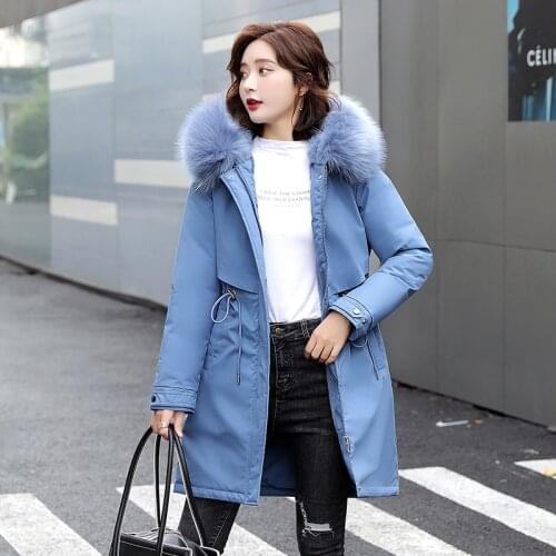 Plus Size Solid Thick Woman Parkas Korean Style Womens Winter Long Coat Hooded Slim Wool Liner Female Jacket with Fur Collar