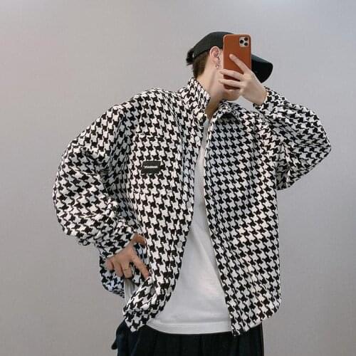 Autumn And Winter New Plaid Shirt Mens Long-Sleeved Korean Trend Loose Black And White Tweed Short Coat Jacket Trend M-2XL