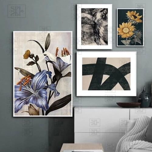 Modern American Sunflower Print Painting Home Decor Retro Lily Geometry Pattern Hotel Bedroom Background Wall Art Picture Poster