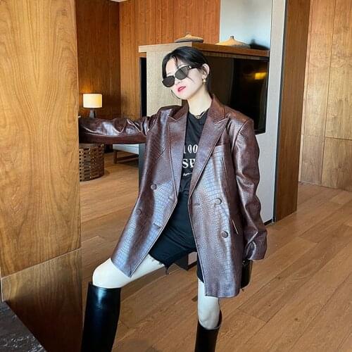 Vintage Brown Crocodile Pattern Faux Leather Blazer Female Casual Loose Motor Biker Jacket Double Breasted Autumn New Streetwear