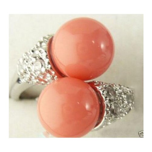 Vintage Style 925 Sterling Marcasite Double Pink Coral Bead Ring Size 6 7 8 9# rings -Ms. girl Wedding-jewelry rings-jewelry
