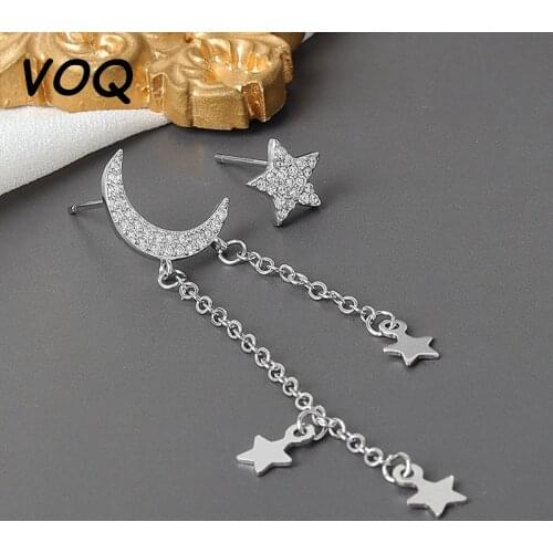 VOQ 925 Sterling Silver Zircon Star and Moon Tassel Asymmetric Stud Earrings for Female Youth Birthday Jewelry Gifts