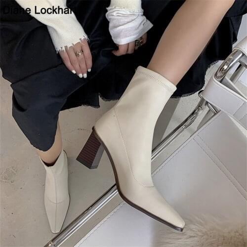 2021 Spring Autumn New Shoes Women Boots Pointed Toe Yarn Elastic Ankle Boots Microfiber Female High heels bota feminina 34-43