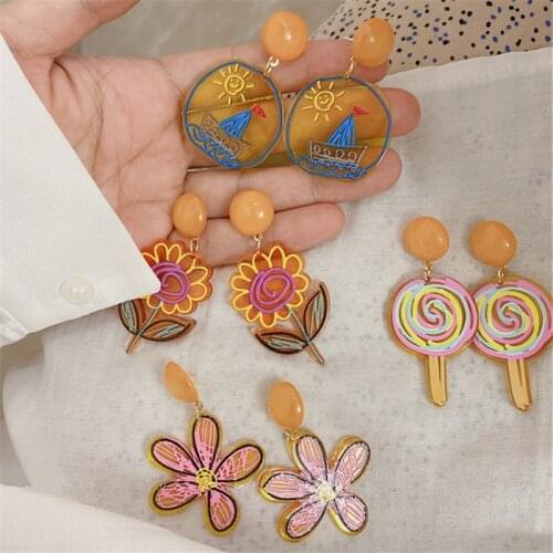 AOMU Korean Retro Colorful Translucent Acrylic Geometric Flowers Candy Shape Round Drop Earrings for Women Travel Jewelry