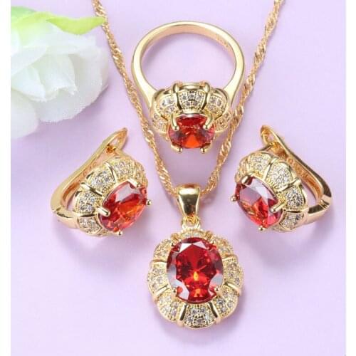 Female Jewelry Sets Red Garnet Gold Color African Women Necklace Pendant And Necklace Wedding Sets