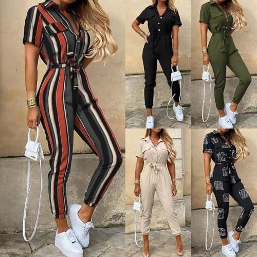 2020 Summer Womens Loose Casual Lapel Short-sleeved Polyester Striped Printed Belt Slim Tooling Plus Size Jumpsuit Streetwear