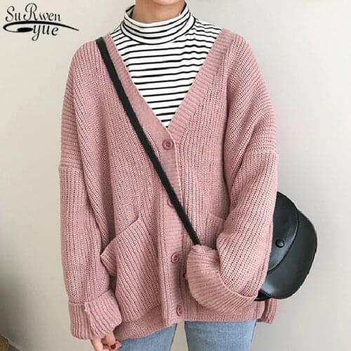 2021 Autumn Korean V-neck Womens Knitwear Large Size Loose Single Breasted Knitted Womens Cardigans Sweater Coat Female 10326