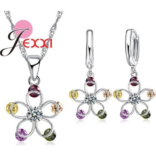 Top Selling Beautiful 5A Crystal Jewelry Sets For Women 925 Sterling Silver Flower Pendant Necklace Earrings Accessory