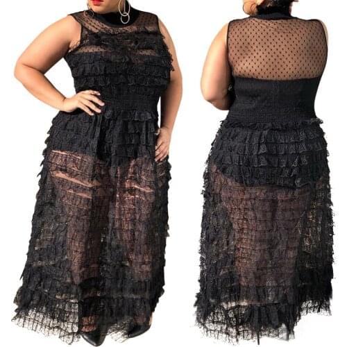 Pure Color Women Plus Size Mesh Dresses INS Hottest Turtleneck Sleeveless Backless A-line See-through Cascading Ruffles Dress