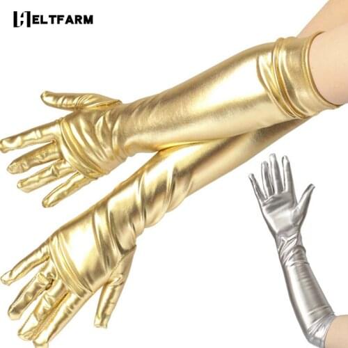 Gold Color Wet Look Fake Leather Metallic Gloves Evening Party Performance Mittens Women Sexy Elbow Length Long Latex Gloves