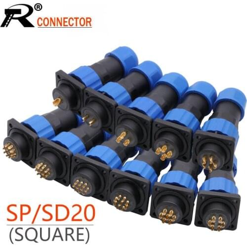 10Sets/lot IP68 Waterproof SP20 SD20 Aviation Plug Socket Male+Female 20MM 1/2/3/4/5/6/7/9/10/12/14Pin 4 Hole Square Panel Mount