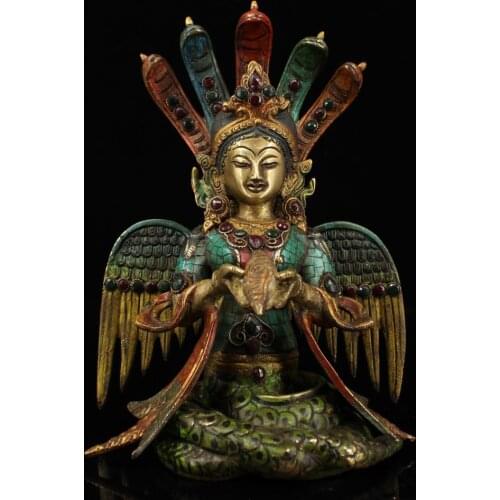 10" Tibet Buddhism bronze Inlay gem painted gold 5-Heads Snake Naga Kanya Statue bodhisattva Dragon Tree Bodhisattva