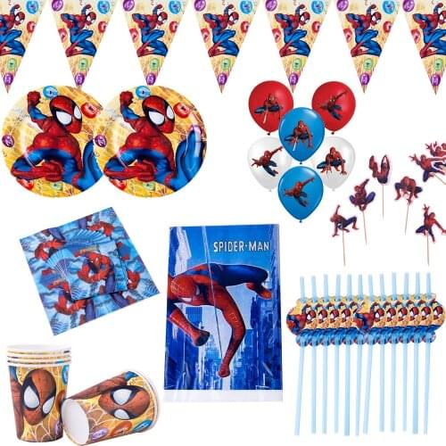 105Pcs Spiderman Party Supplies Disposable Tableware Set Birthday Decorations Paper Plates Cups Napkins Cake Toppers Straws Boys