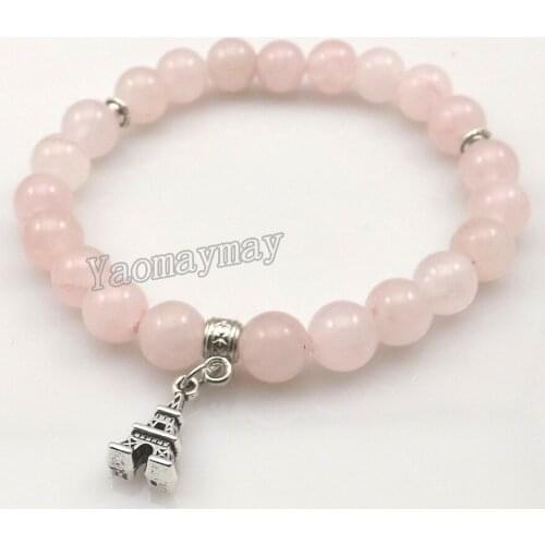 Antique Eiffel Tower Pendant Retro Style 8mm Pink Crystal Beaded Bracelets For Wholesale 12pcs/Lot