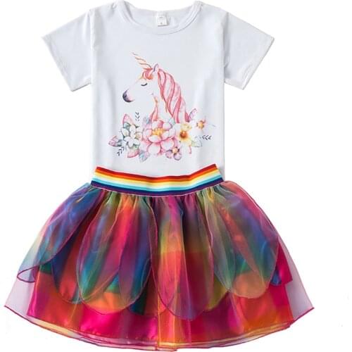 Unicorn T-Shirts Rainbow Tutu Skirt Summer Clothing Set for Girls Mom Family Costume Cotton Tops