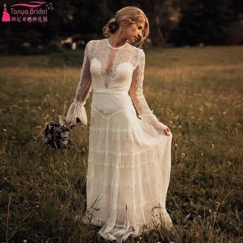 Deep V-Neck Lace Wedding dresses Meticulously Long sleeve Bridal gowns bohemian Beach Robe de soriee ZW286