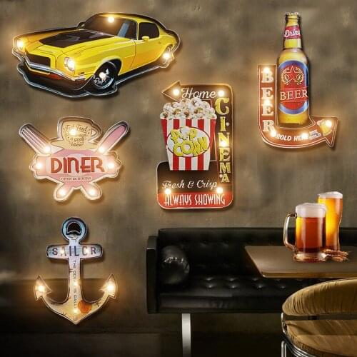 Loft American Retro Iron Mural LED Lamp Wall Cafe Bar Home Furnishing Tin Painting Night Light Hanging Wall Lamps Decoration