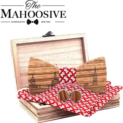 Franch Skyline Toulouse Wood Wooden Bow ties Butterfly Gravata Skyline Ties For Men Cufflinks noeud papillon cravate for men Set